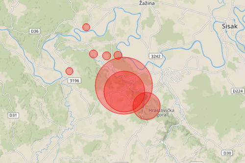 Potresi zabilježeni jugoistočno od Petrinje