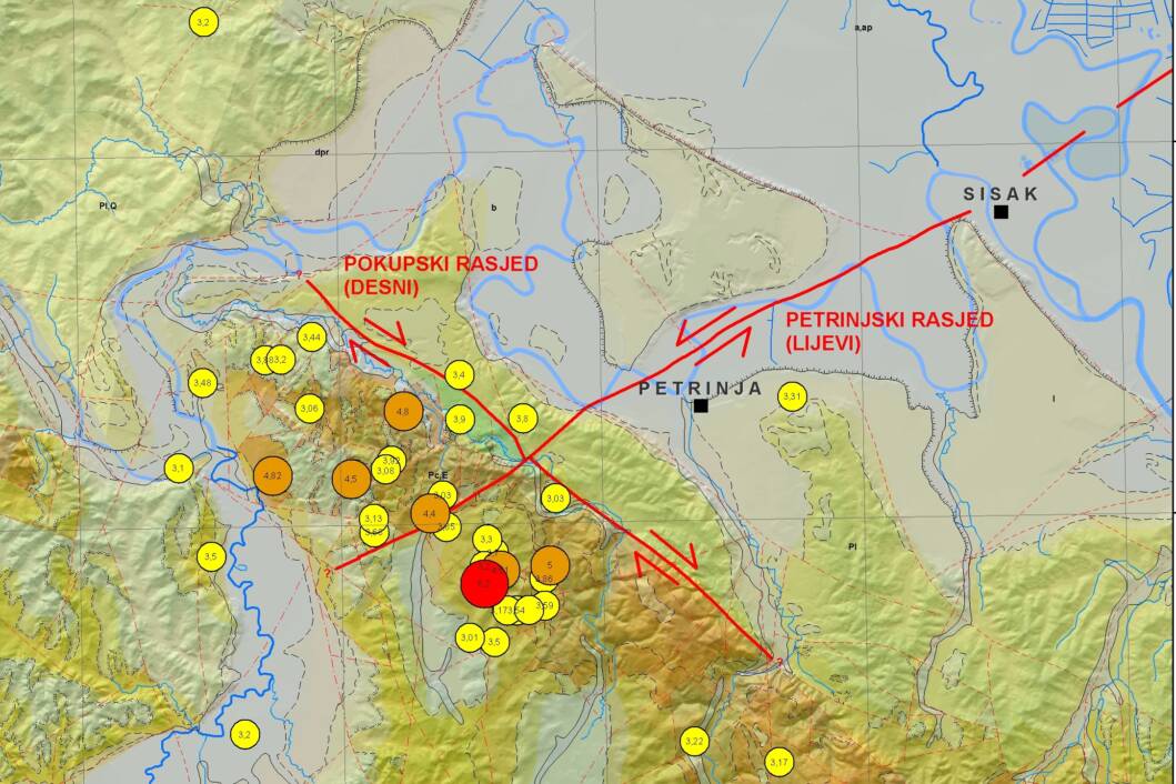 Geološka karta područja Petrinje i Siska s naglašenim glavnim rasjedima
