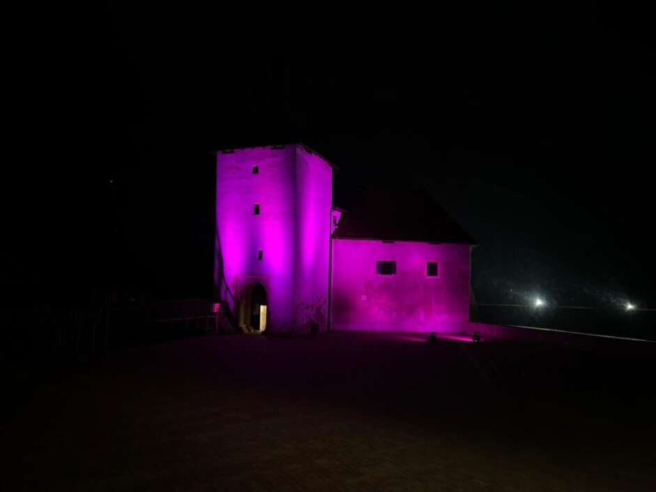 Utvrda Stari grad osvijetljena u ružičasto